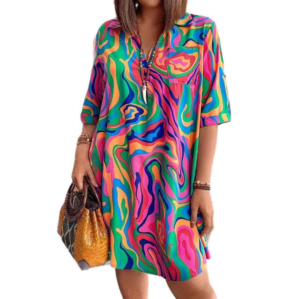 V-neck Loose-fit Tie-dye Knee-length Womens Dress