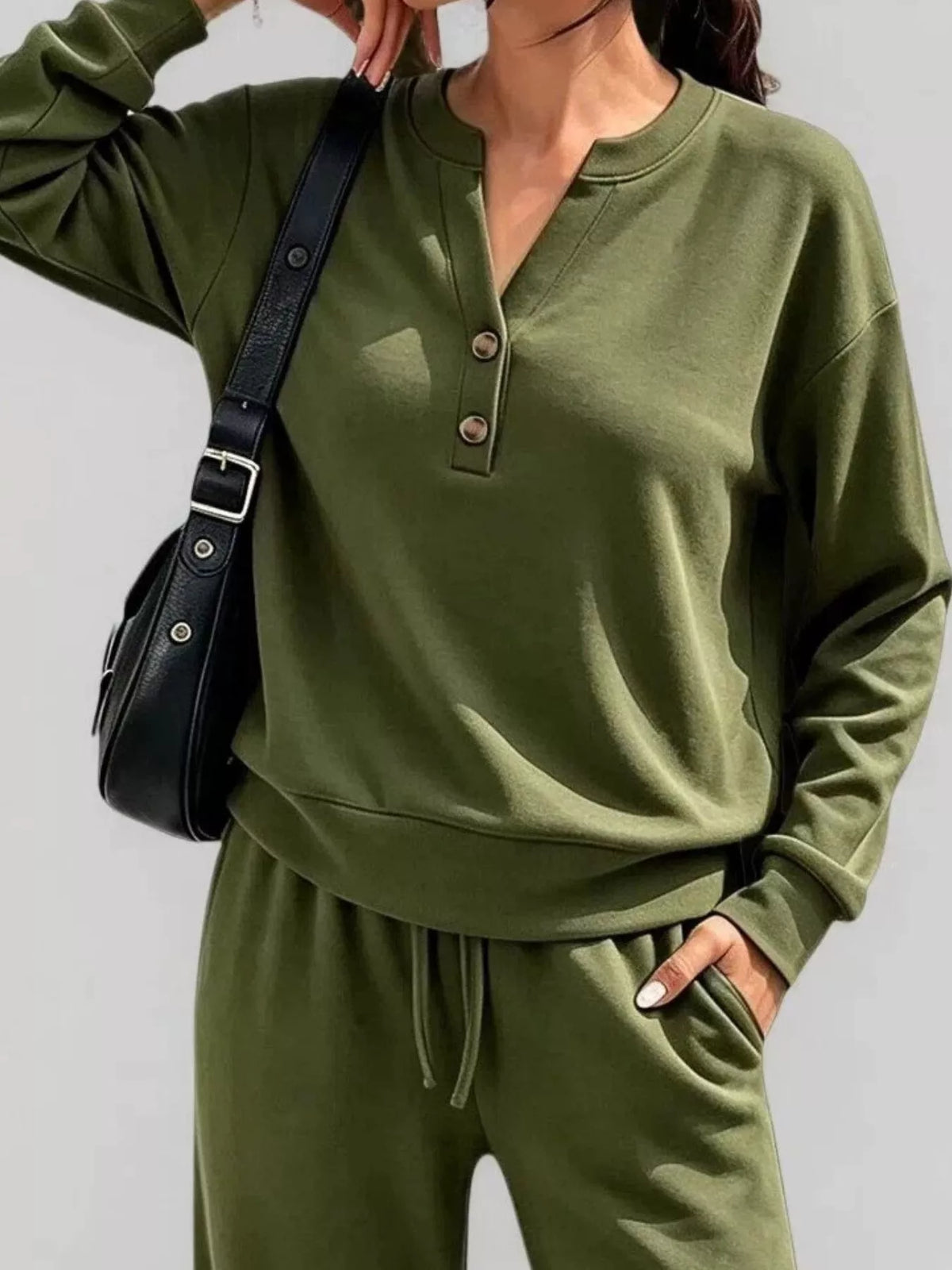 Women's Button Detail Dropped Shoulder Top and Pants Set