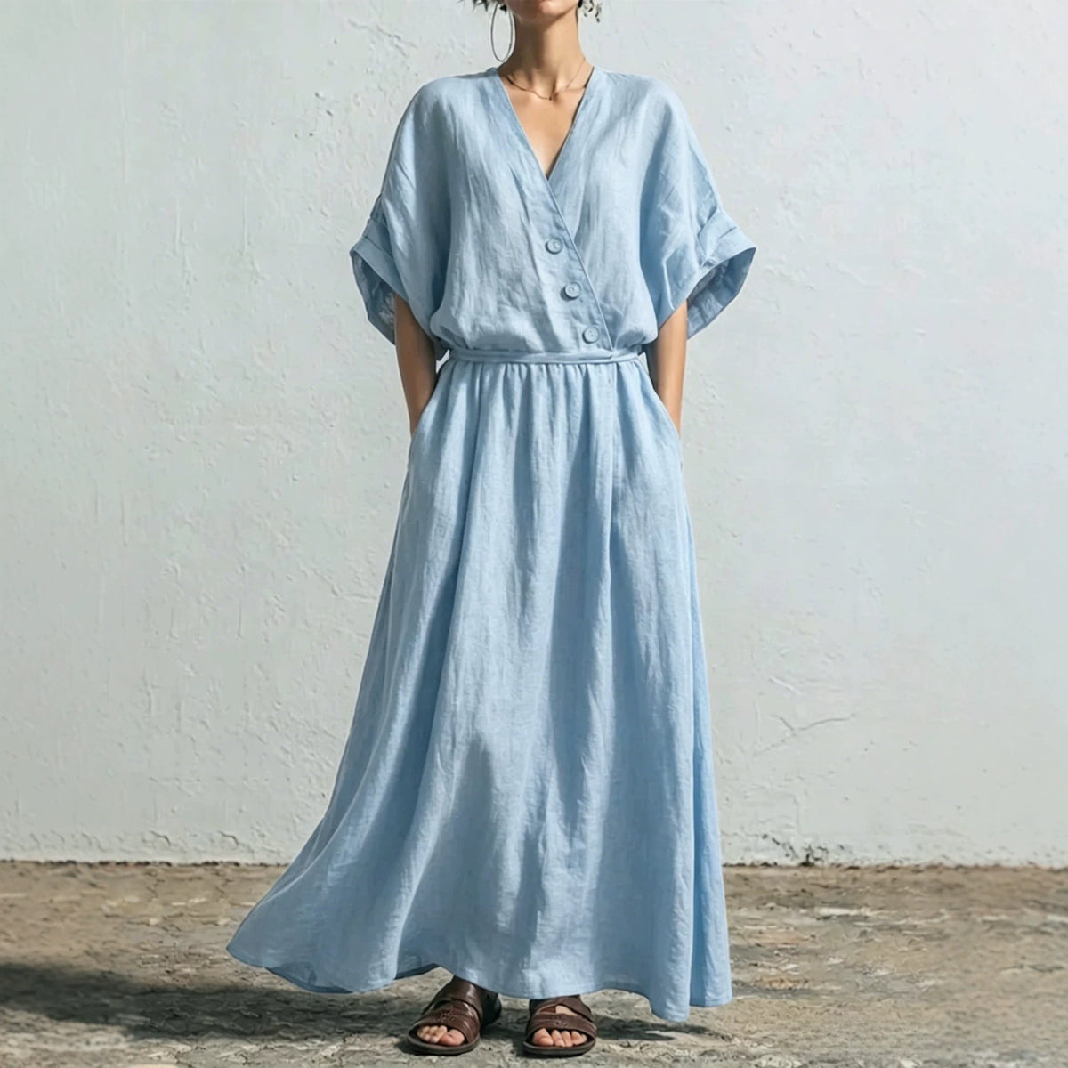 Women's Solid-Color Casual Loose V-Neck High-Waisted Dress