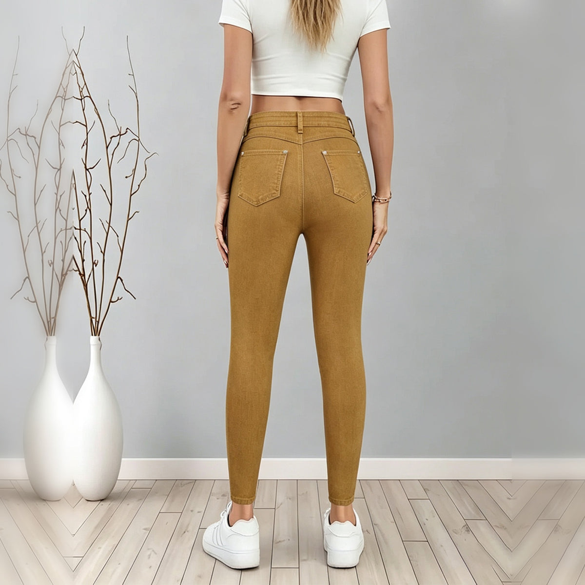 Women's Mustard Yellow High Waist Skinny Jeans, Solid Color Stretch Slim Fit Ankle Denim Pants With Pockets