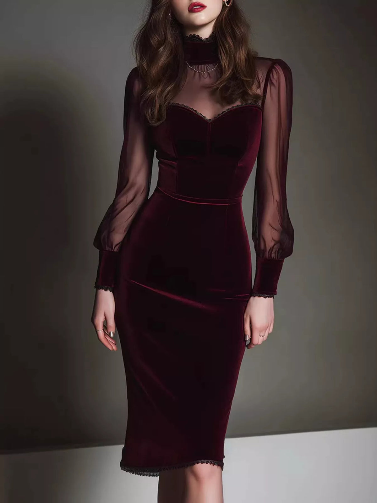 Women's Burgundy Velvet Bodycon Dress with Sheer Mesh Sleeves - Burgundy