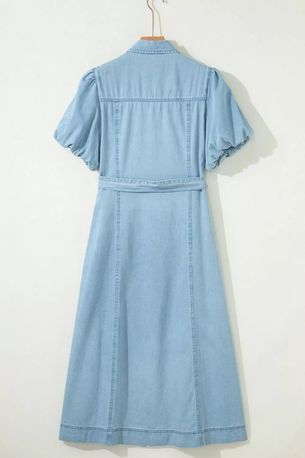 Women's Light Blue Full Buttons Collared Short Bubble Sleeve Long Denim Dress - Light Blue
