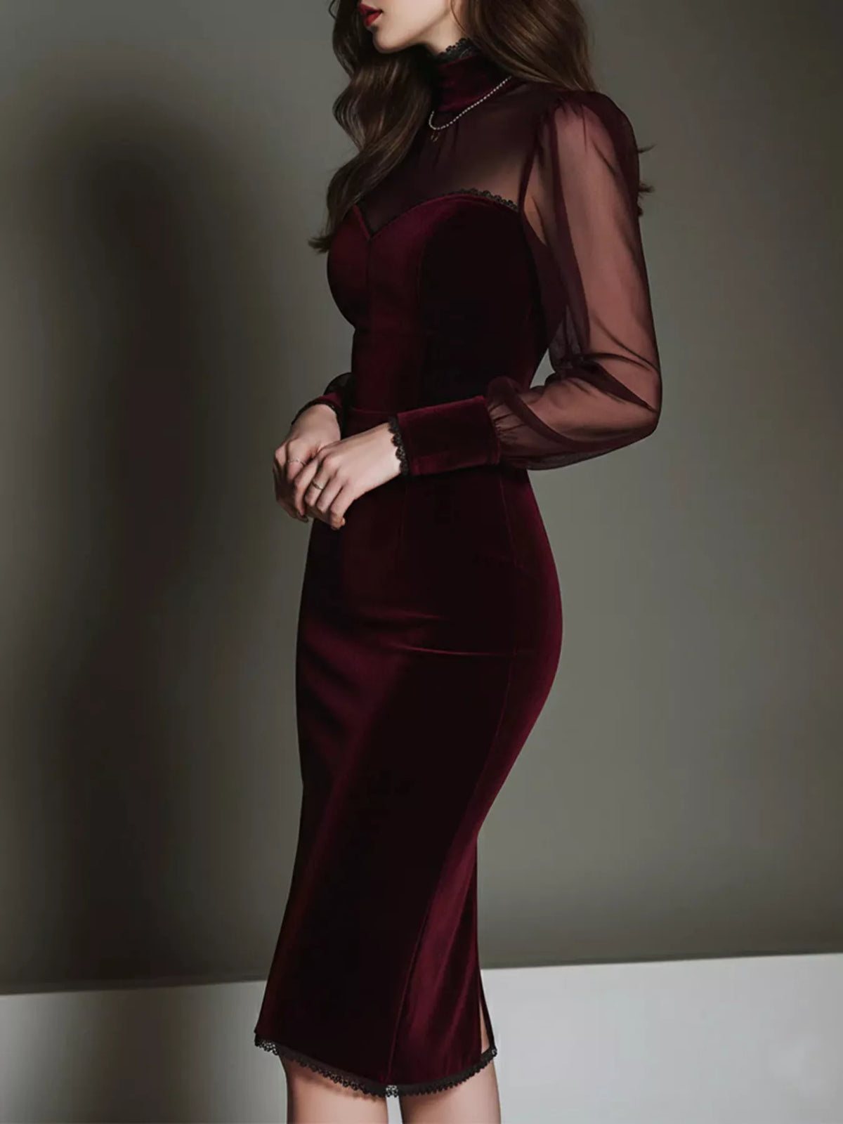 Women's Burgundy Velvet Bodycon Dress with Sheer Mesh Sleeves - Burgundy