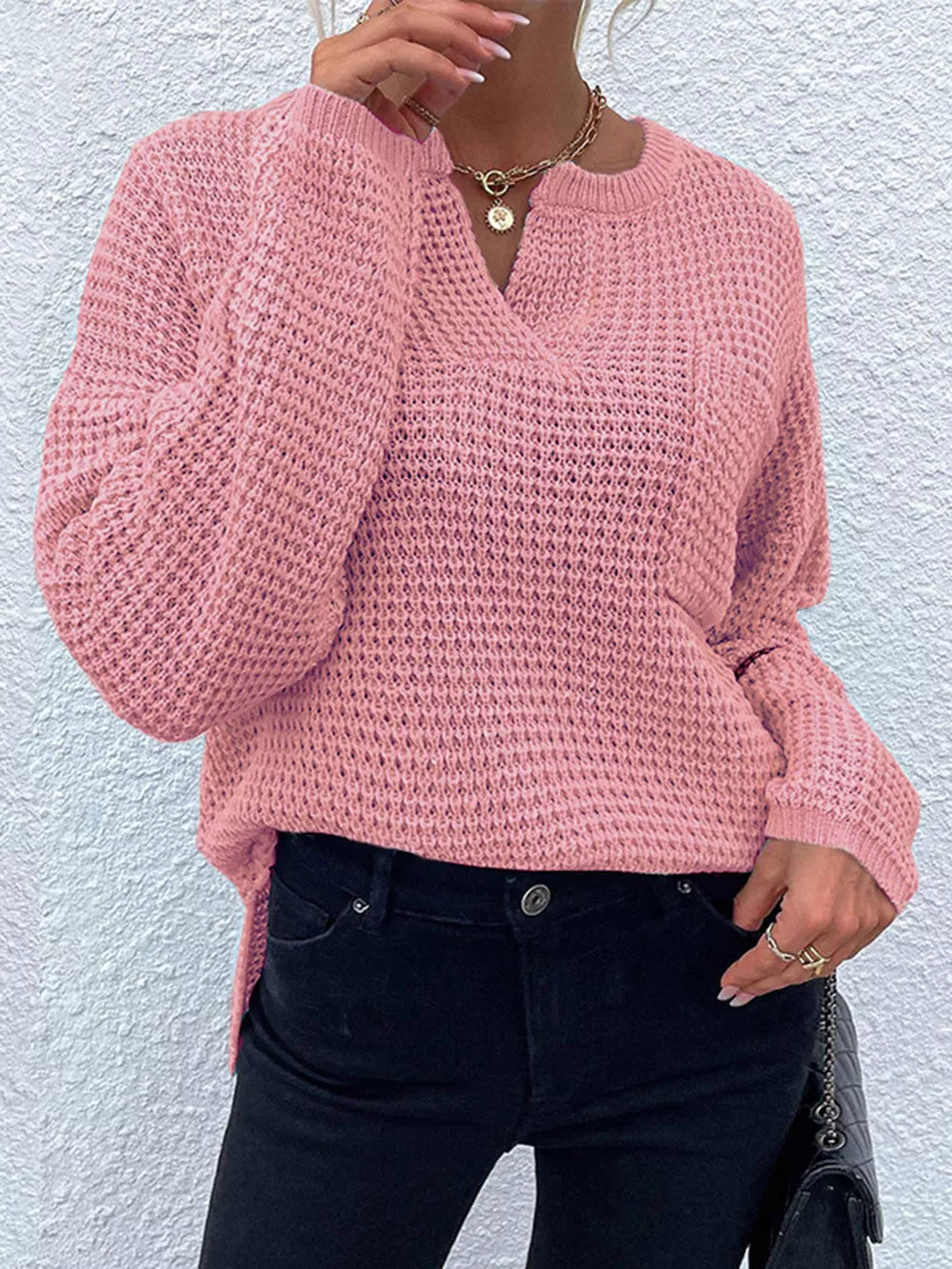 Women's Notched Long Sleeve Sweater - Dusty Pink