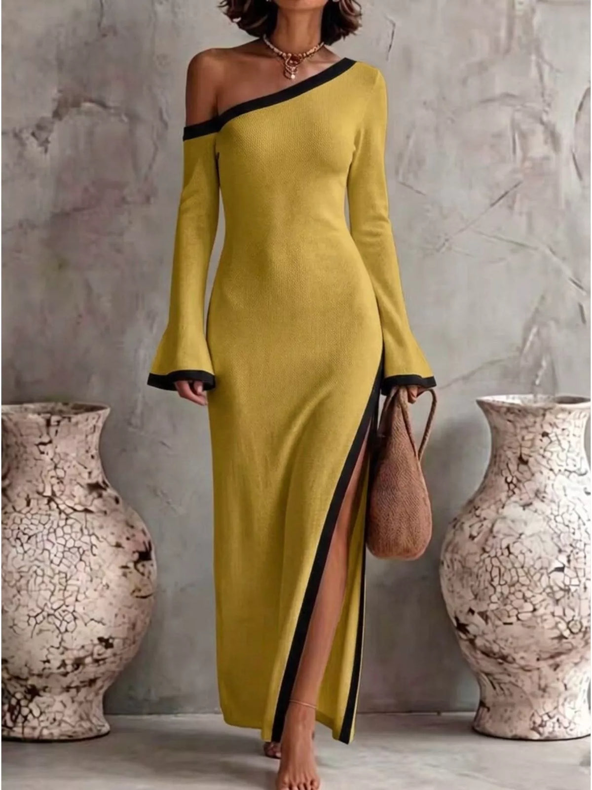 Women's Slit One-Shoulder Contrast Trim Maxi Dress - Mustard