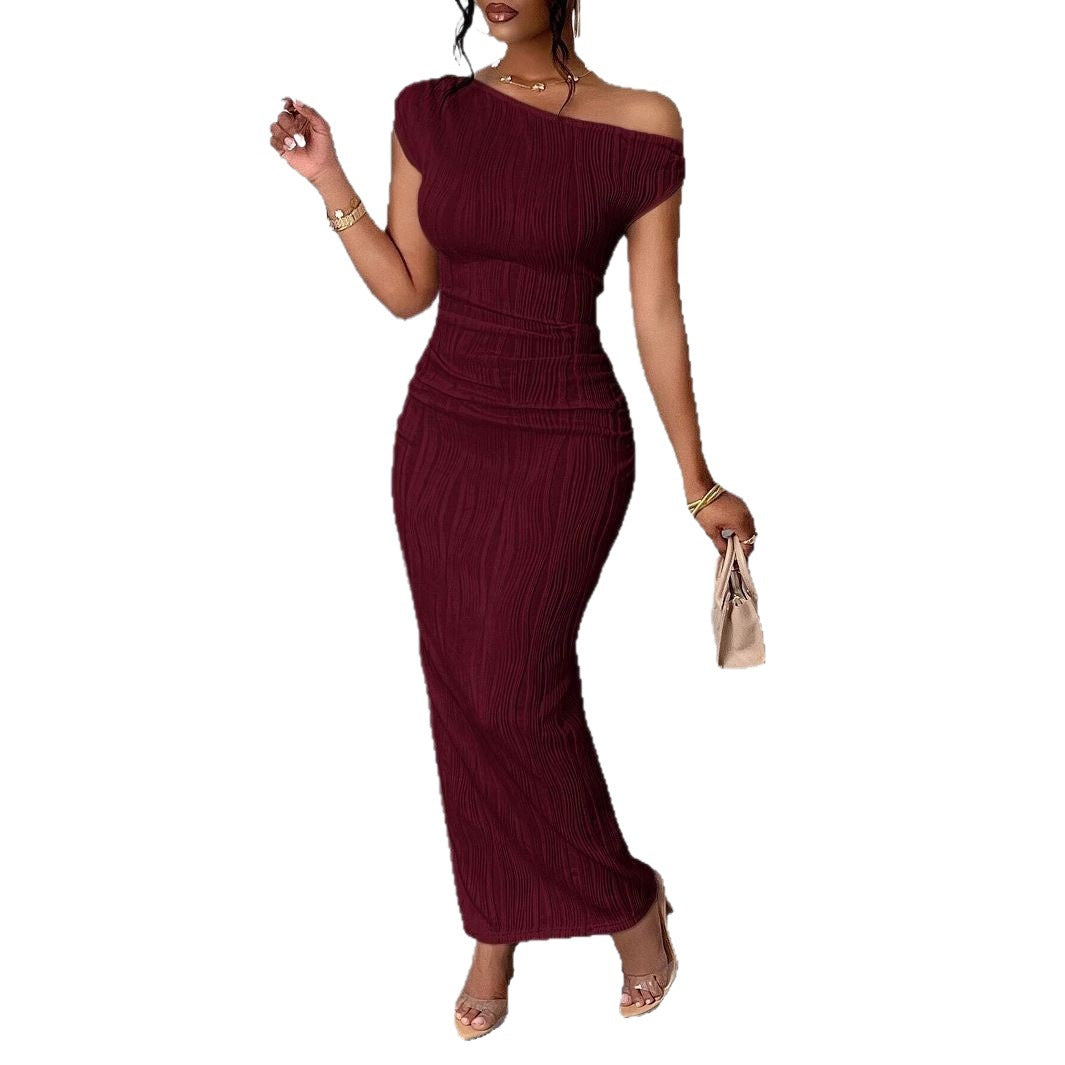 New Cute Fashion Water Ripple Slant Shoulder Dress