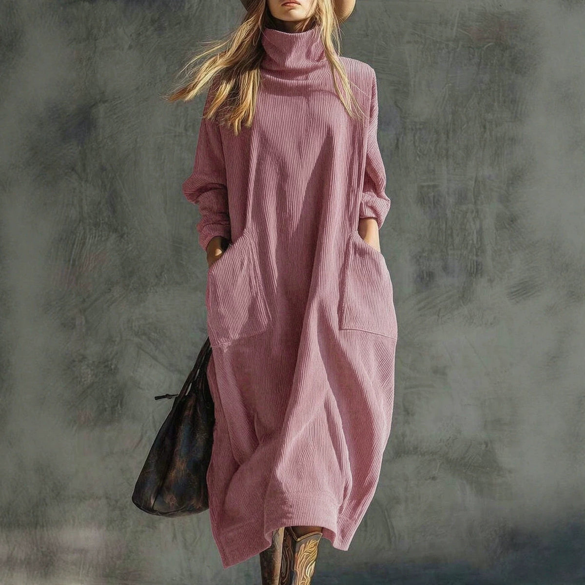 Corduroy Slimming Long Dress With Two Pockets For Women