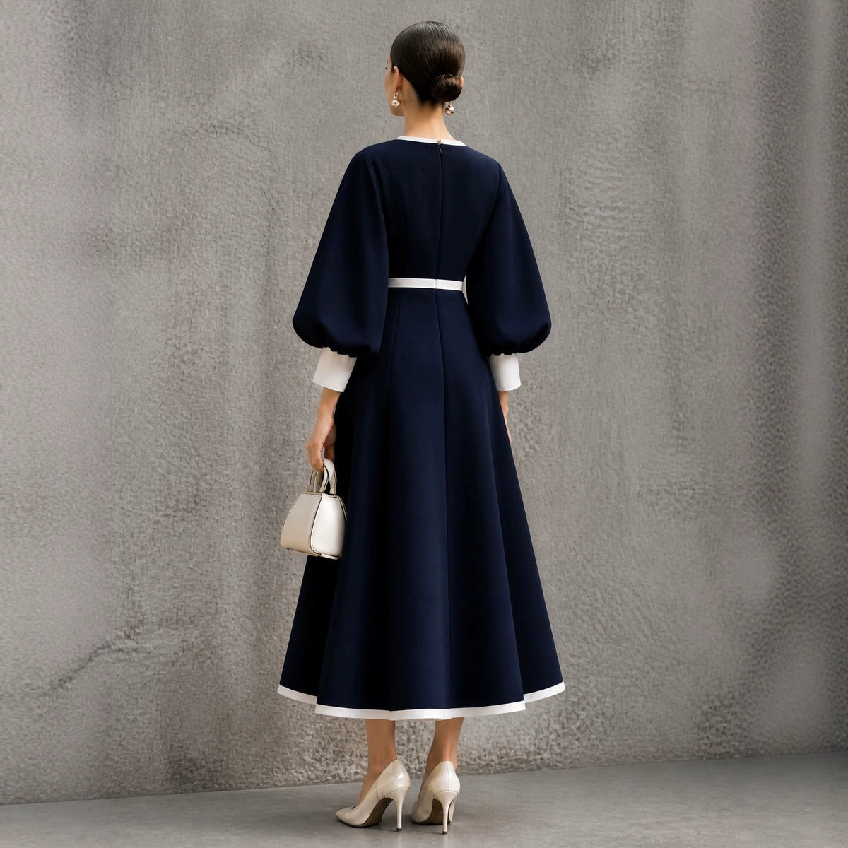 Women's Three-quarter Lantern-sleeve Color-block Dress