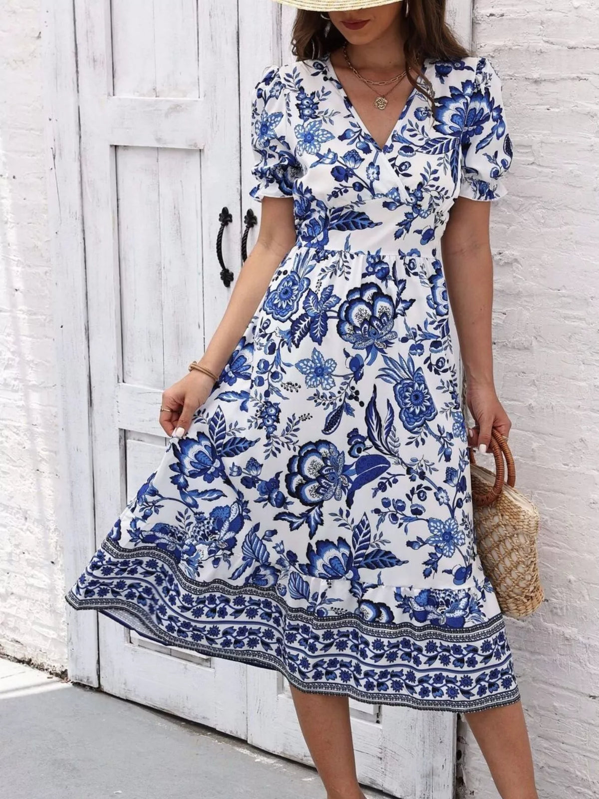Women's Floral Print Puff Sleeve Wrap Midi Dress
