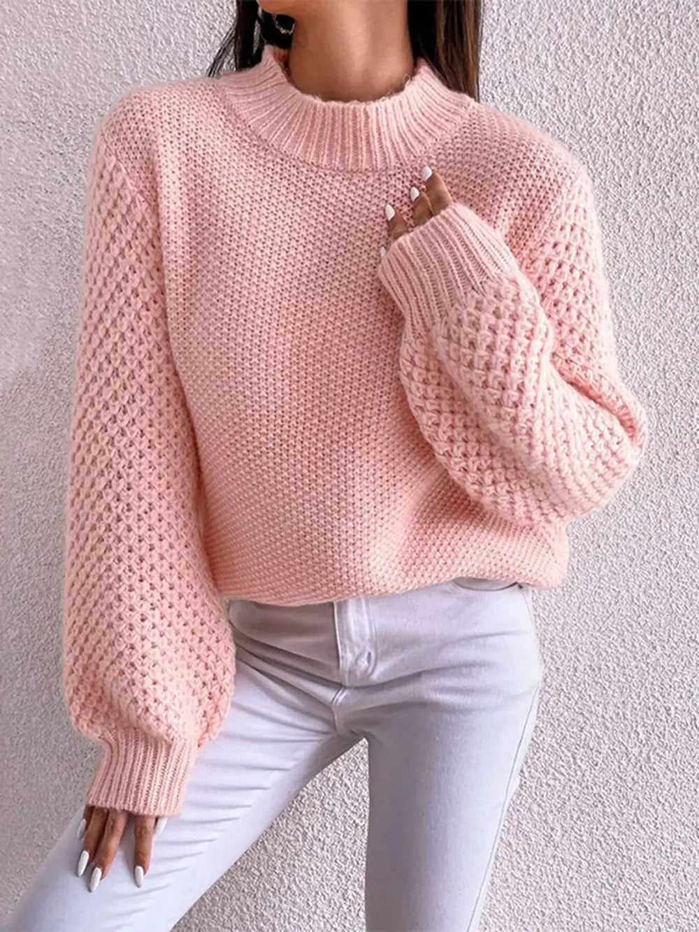 Women's Openwork Mock Neck Long Sleeve Sweater - Dusty Pink