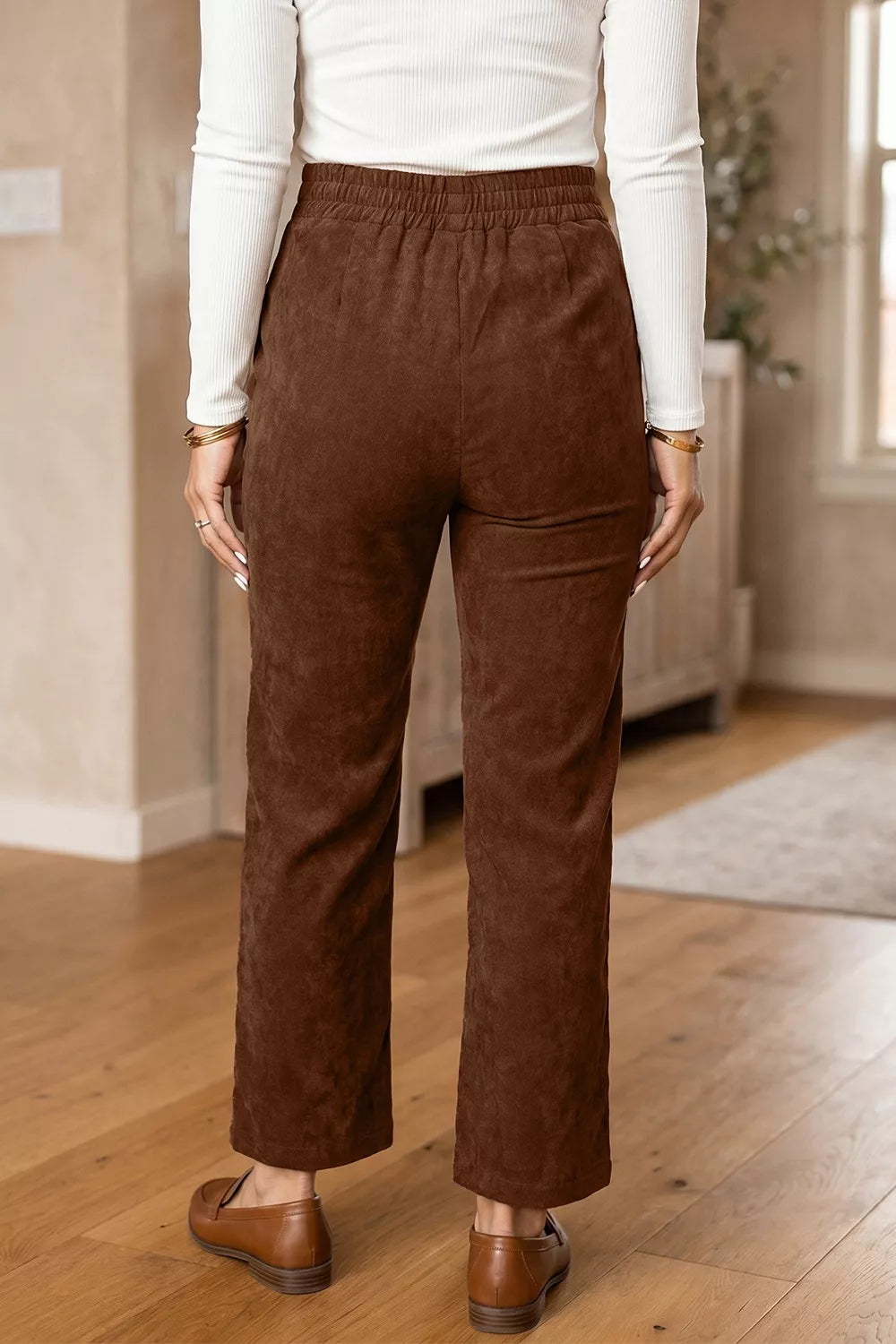 Women's Dark Brown Elastic Waist Straight Leg Ankle Length Corduroy Pants - Dark Brown