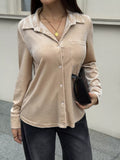 Women's Khaki Color Velvet Button-Down Shirt with Chest Pocket - Khaki Color