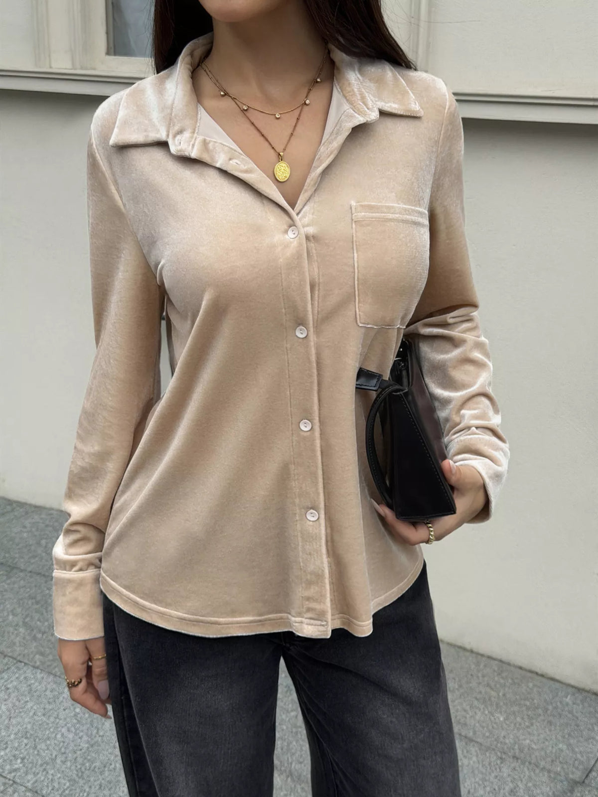 Women's Khaki Color Velvet Button-Down Shirt with Chest Pocket - Khaki Color
