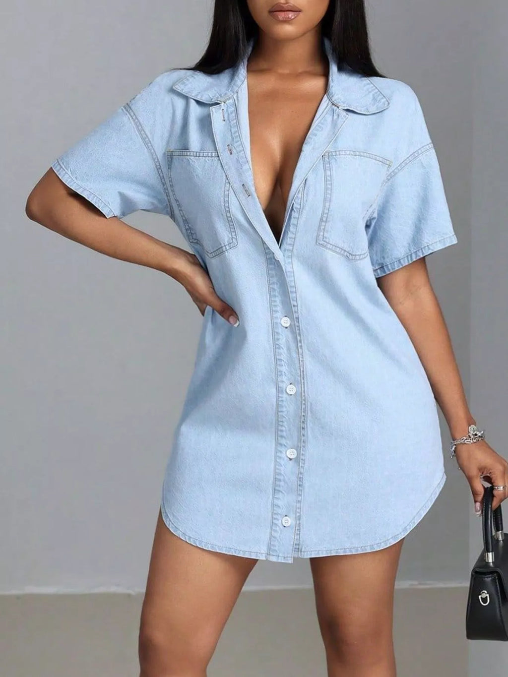 Women's Light Button-Down Short Sleeve Denim Dress - Light