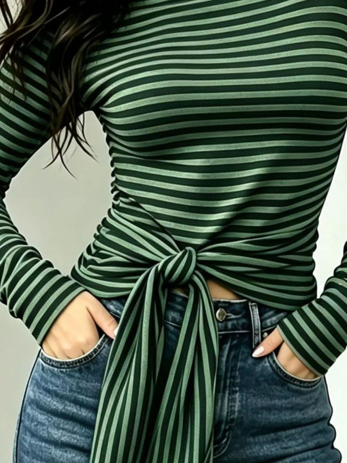 Women's Long Sleeve Striped T-Shirt with Front Tie Detail