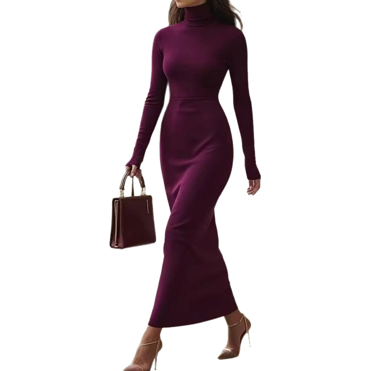 Elegant Turtleneck Slim-fit Long-sleeve Dress For Women
