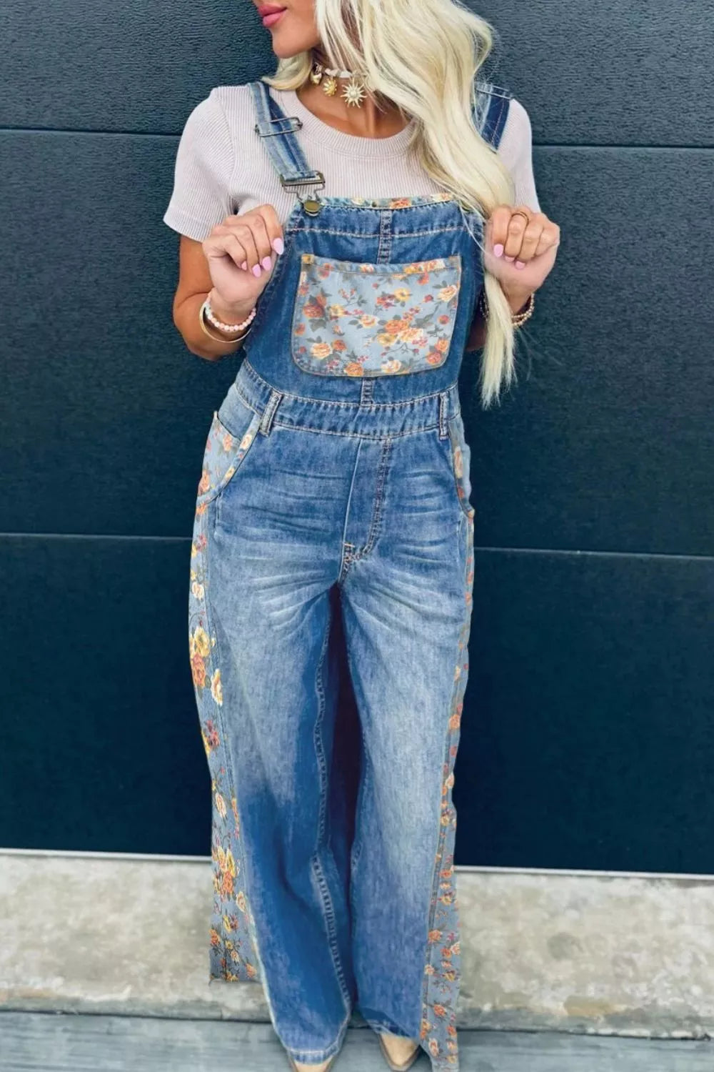 Women's Dusty Blue Vintage Rose Printed Pleated Loose Denim Overall - Dusty Blue
