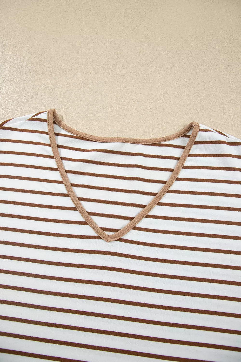 Women's Camel Stripe V Neck Ruffle Contrast Sleeve Top Drawstring Pants 2pcs Set - Camel