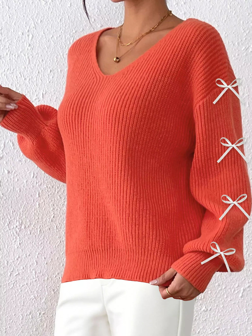 Women's Bow-Tie Sleeve V-Neck Sweater