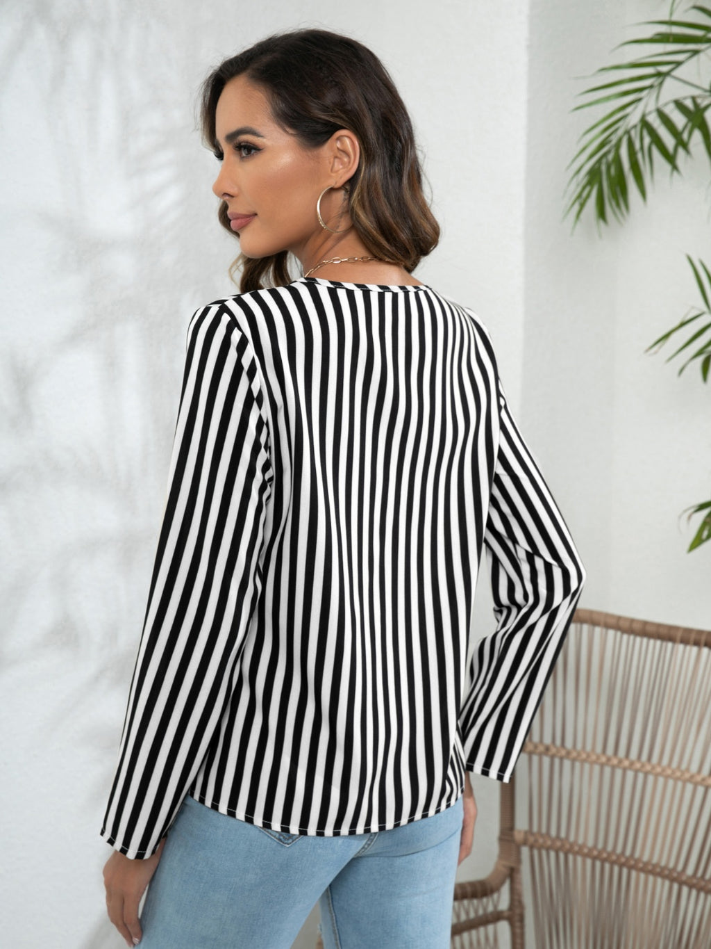 Women's Striped Long Sleeve Notched Blouse