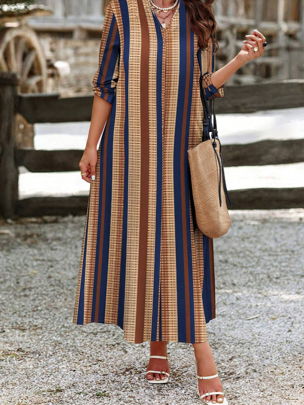 Women's Camel Popular European And American Cross-Border Amazon Fashion Casual Vertical Stripesd V Neck Dress Qing - Camel