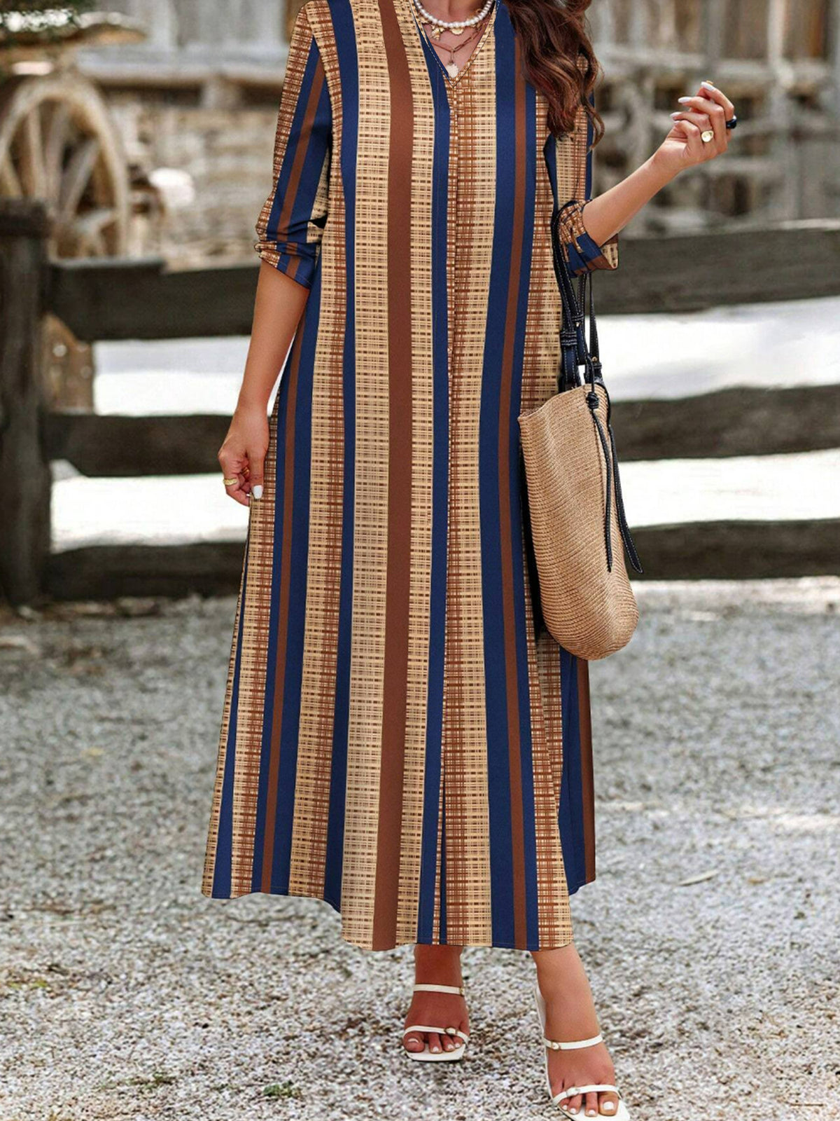 Women's Camel Popular European And American Cross-Border Amazon Fashion Casual Vertical Stripesd V Neck Dress Qing - Camel
