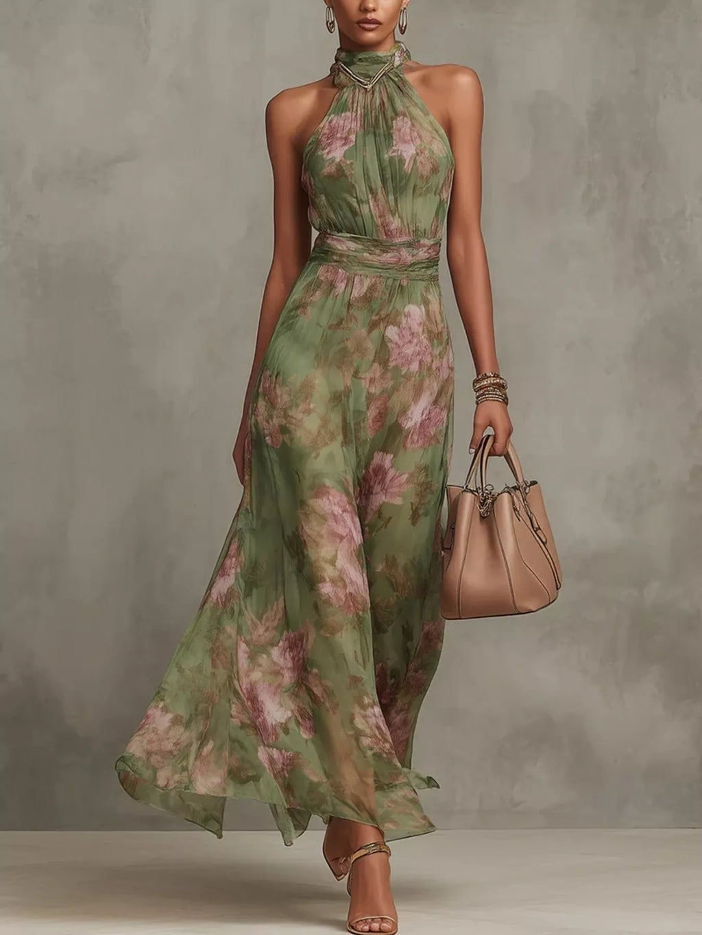 Women's Green Floral Print Sleeveless Maxi Dress - Green