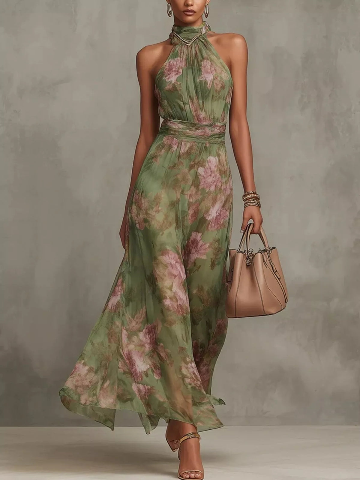 Women's Green Floral Print Sleeveless Maxi Dress - Green