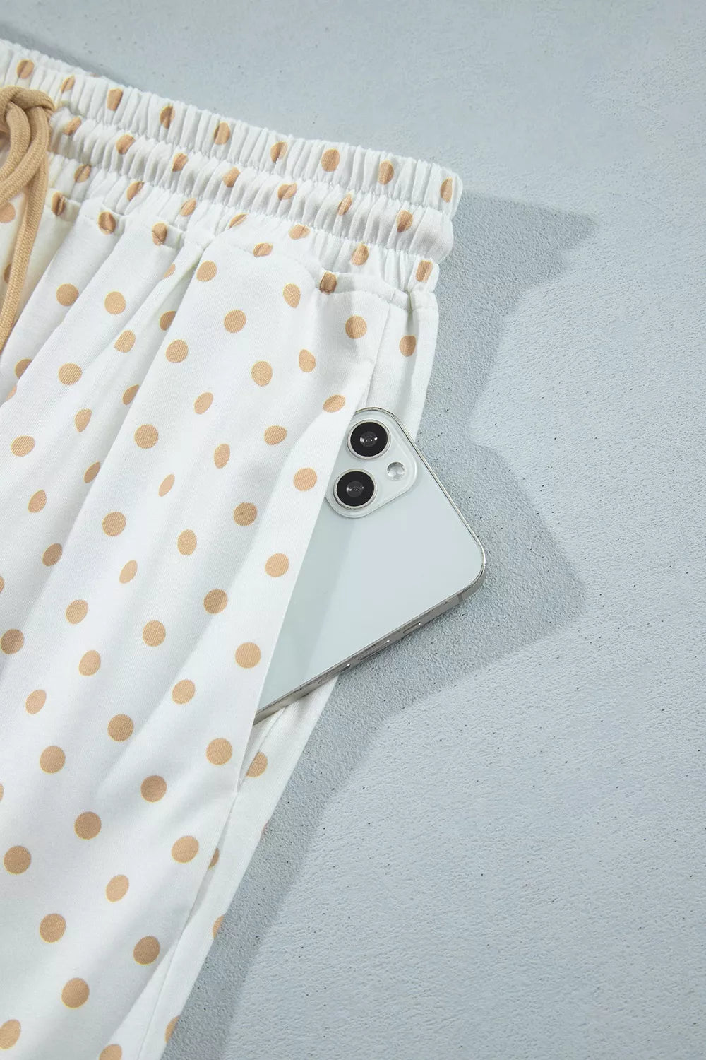 Women's Tan Polka Dot Patchwork Colorblock Long Sleeve Casual Two Piece Pants Set - Tan