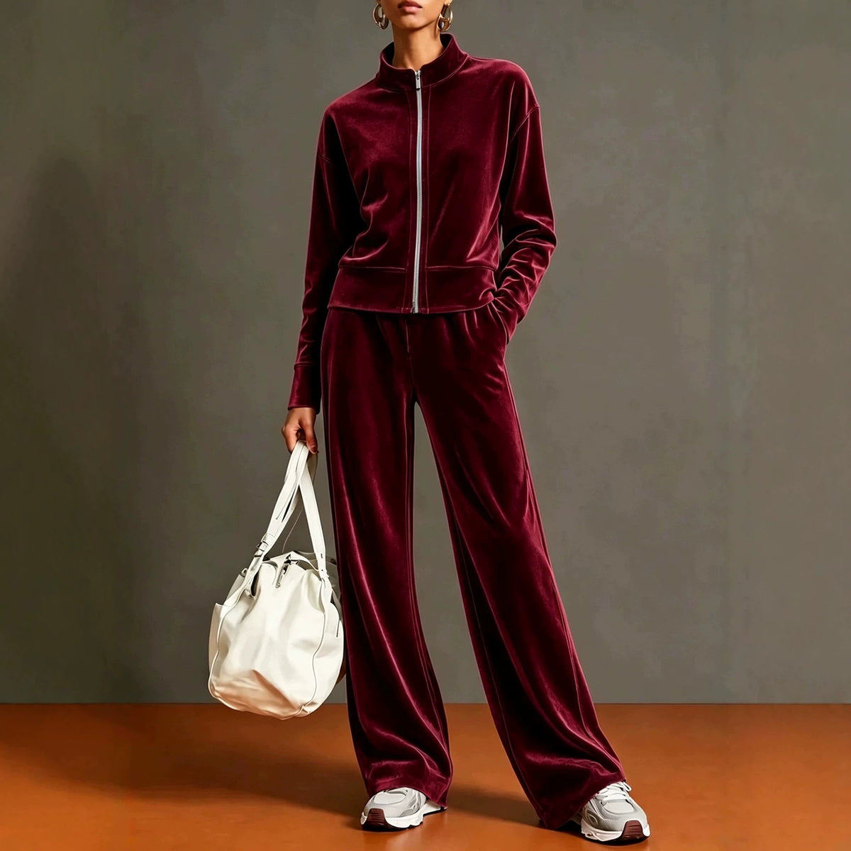 Women's Solid-color Stand-collar Cardigan And Zipper Hoodie Wide-leg Pants Set