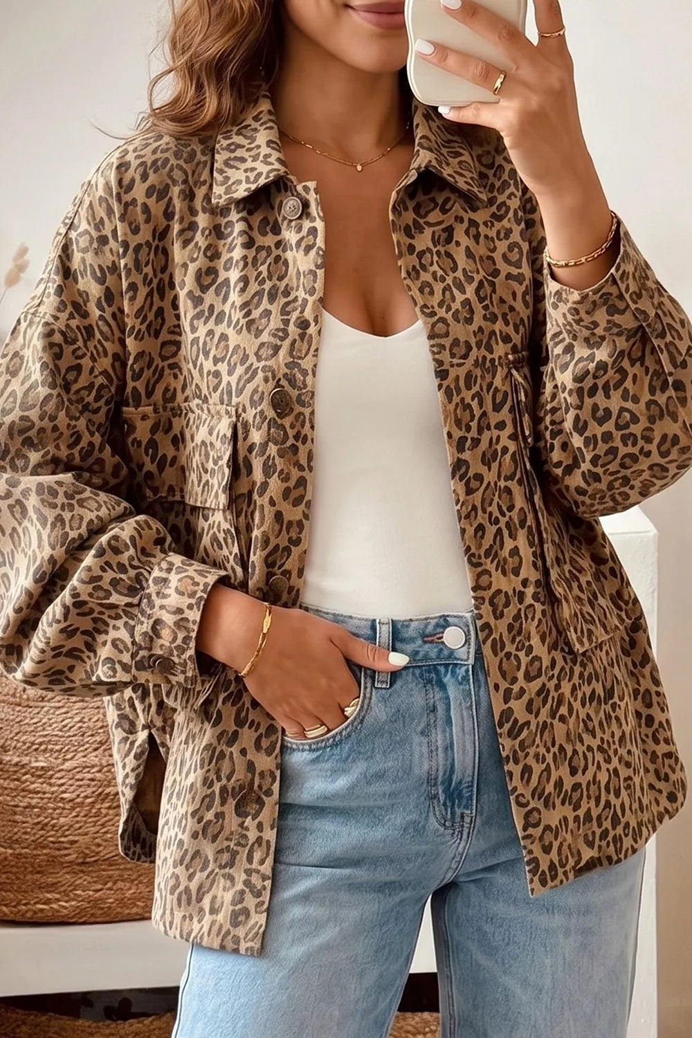 Women's Leopard Print Denim Jacket - Leopard