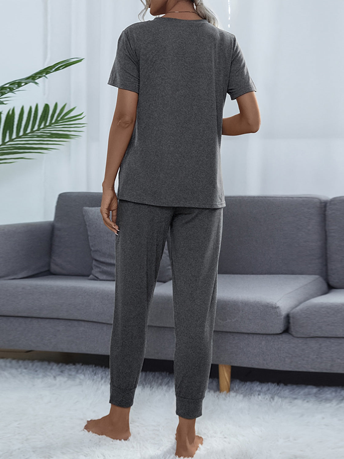 Women's Round Neck Short Sleeve Top and Pants Set