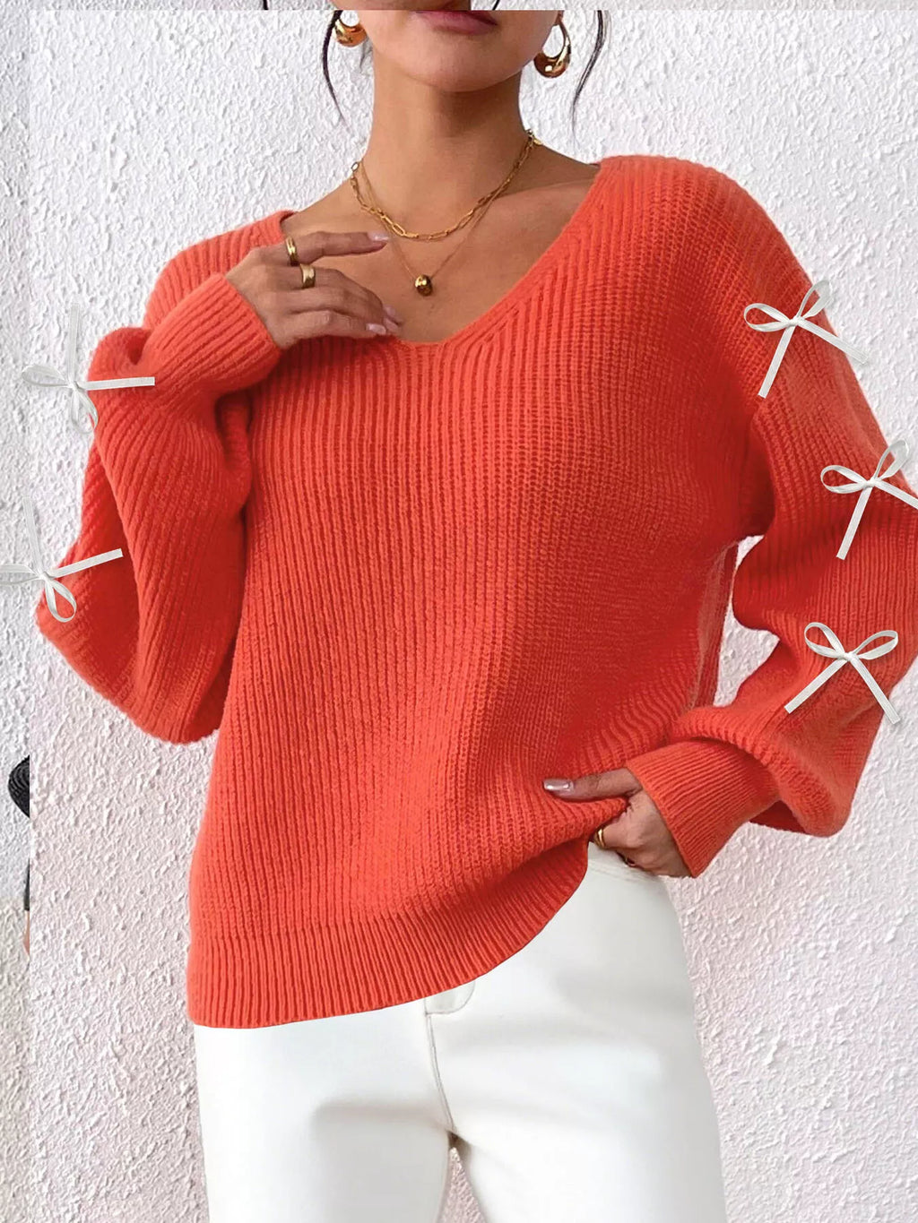 Women's Bow-Tie Sleeve V-Neck Sweater