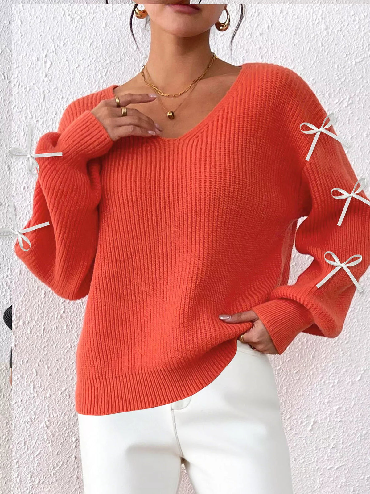 Women's Bow-Tie Sleeve V-Neck Sweater