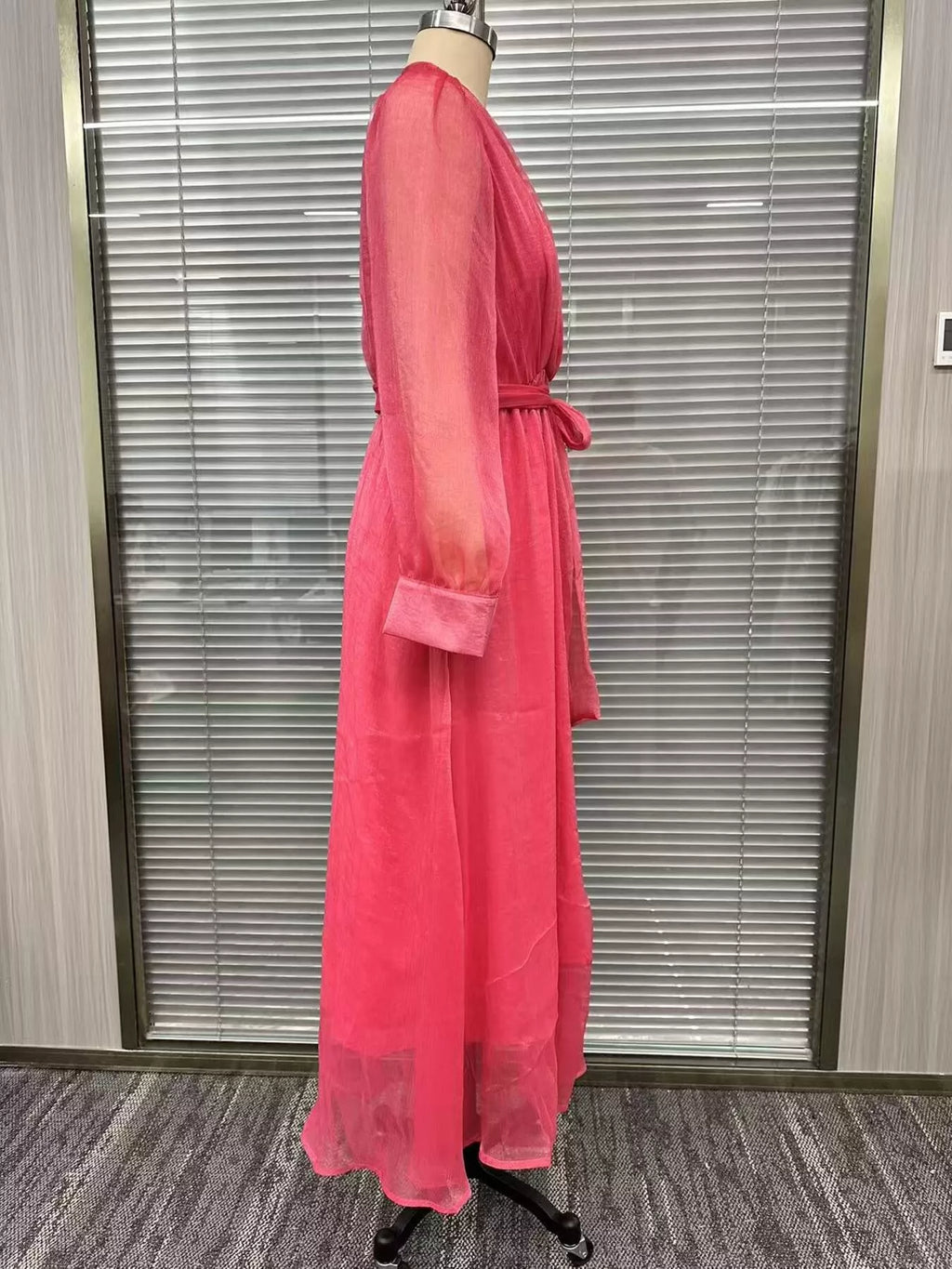 Women's Strawberry Long Sleeve Chiffon Wrap Maxi Dress with High Slit - Strawberry