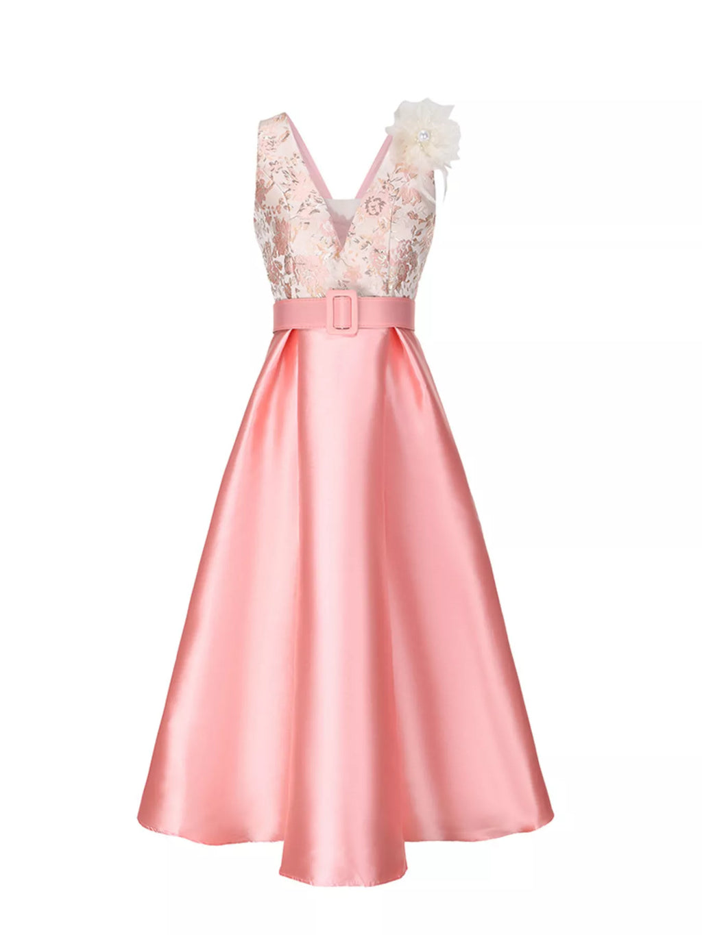 Women's Floral Sleeveless Belted Midi Dress - Orange Pink