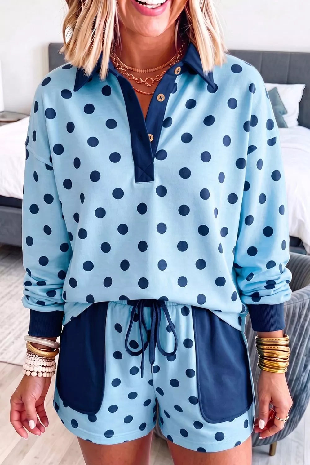 Women's Light Blue Polka Dot Drop Shoulder Polo Loose Pullover Patch Pocket Casual Shorts Set - Light Blue