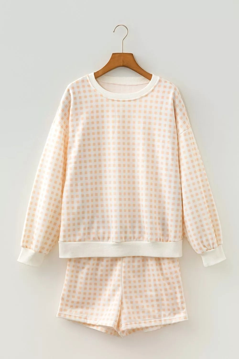 Women's Pastel Yellow Gingham Long Sleeve Sweatshirt and Shorts Set - Pastel Yellow