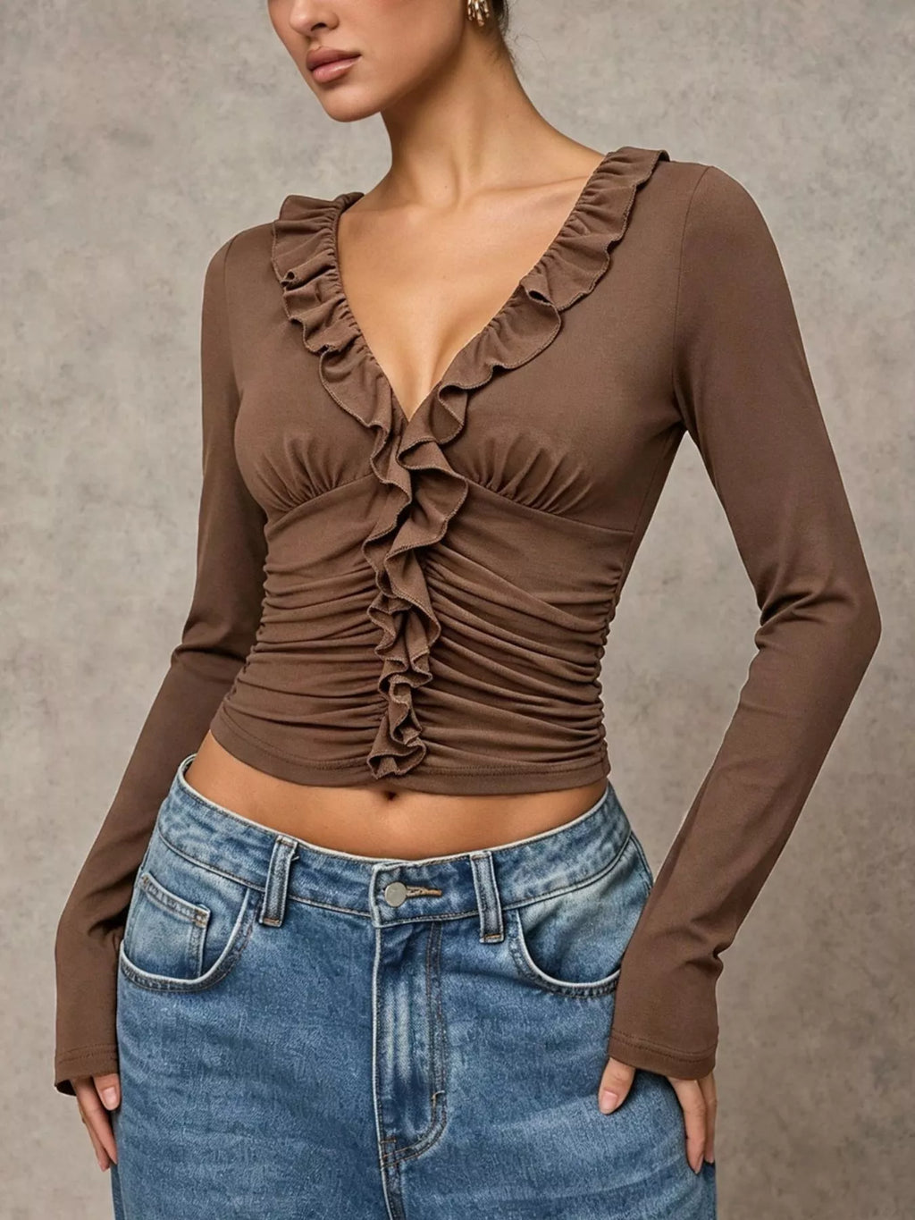 Women's Coffee Brown V-Neck Ruffle Trim Ruched Long Sleeve Slim Fit Top - Coffee Brown
