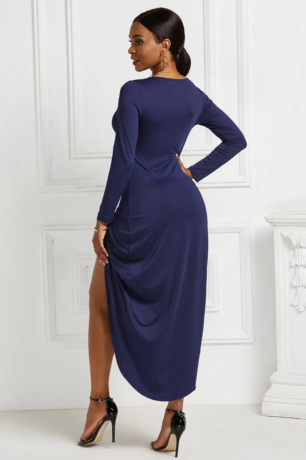 Women's High-low Ruched Surplice Long Sleeve Dress