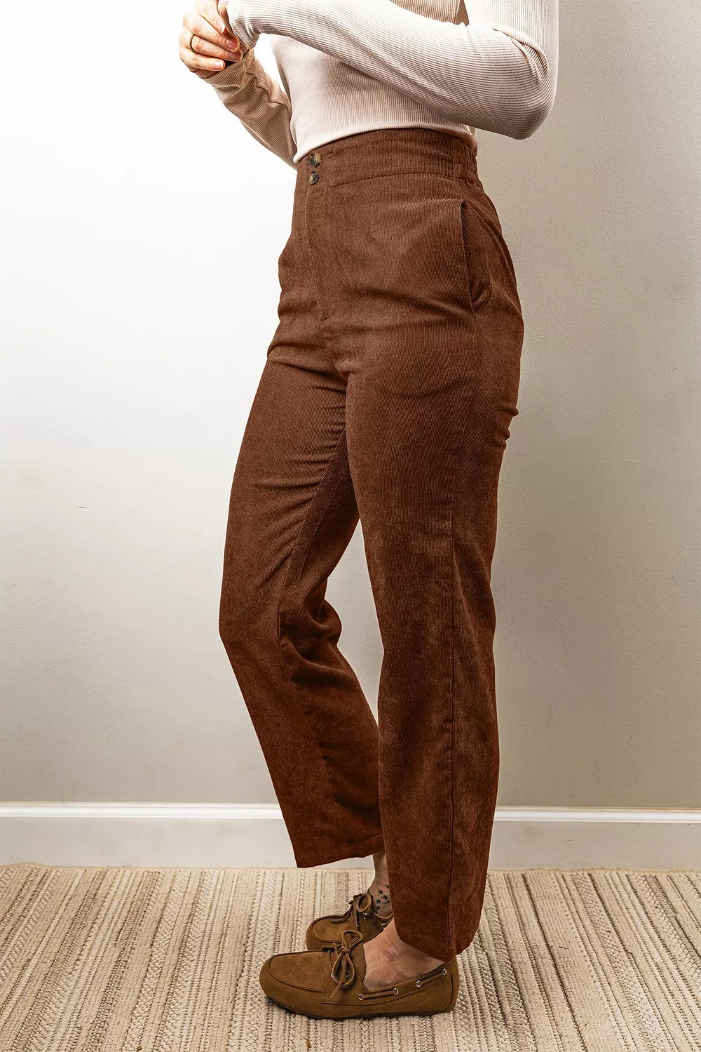 Women's Dark Brown Elastic Waist Straight Leg Ankle Length Corduroy Pants - Dark Brown