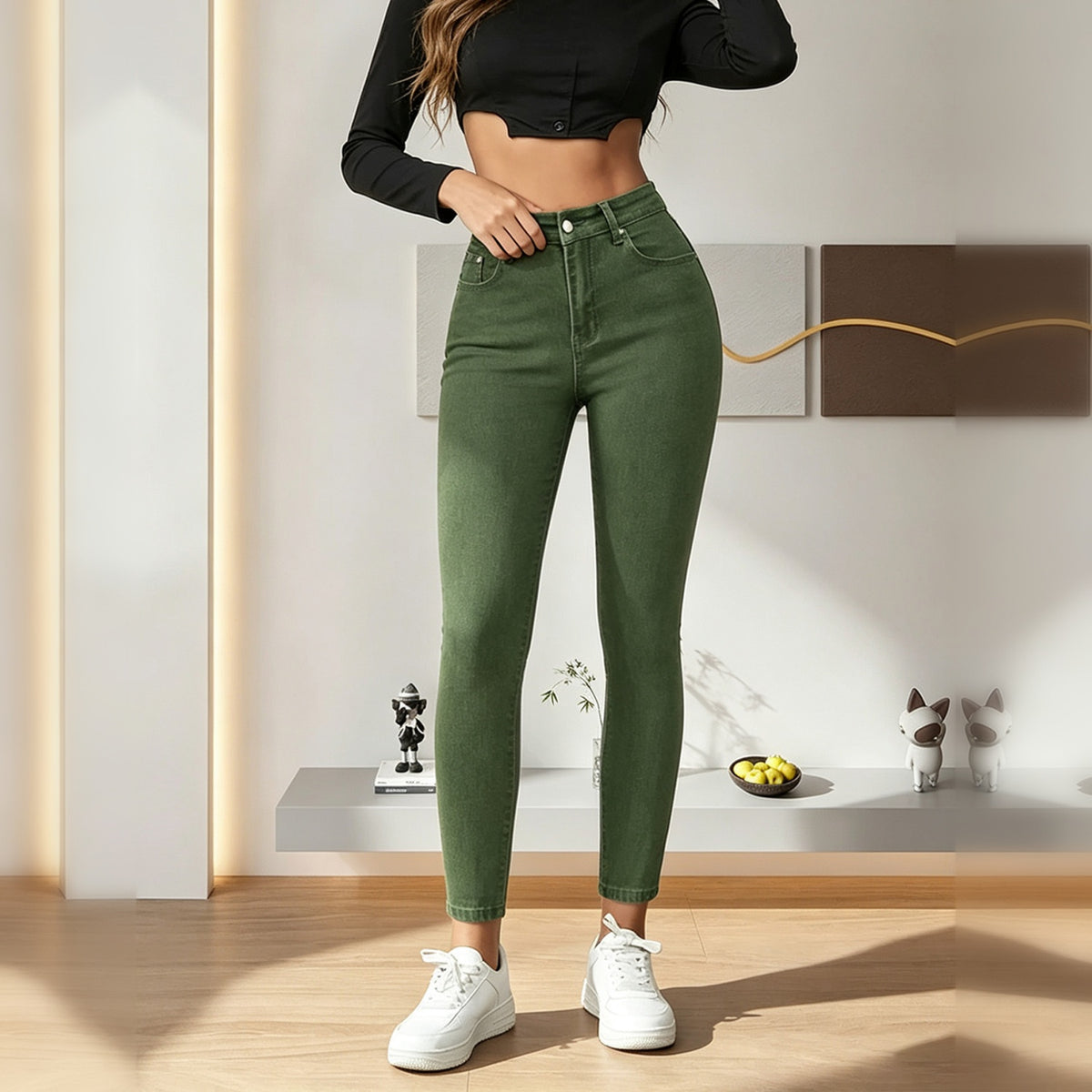 Women's Army Green High Waist Skinny Jeans, Solid Color Slim Fit Stretch Denim Pants With Pockets