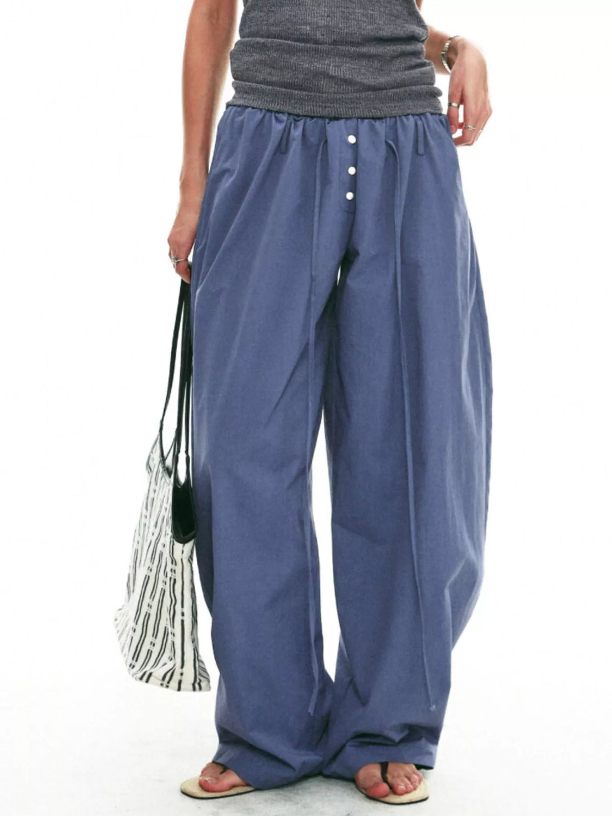 Women's Drawstring Wide-Leg Pants - Dusty Blue