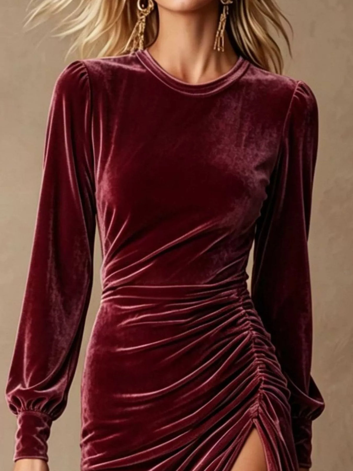 Women's Velvet Ruched Long-Sleeve Slit Dress