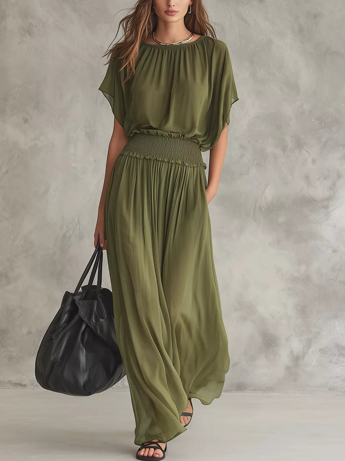 Women's Chiffon Maxi Dress with Smocked Waist - Army Green