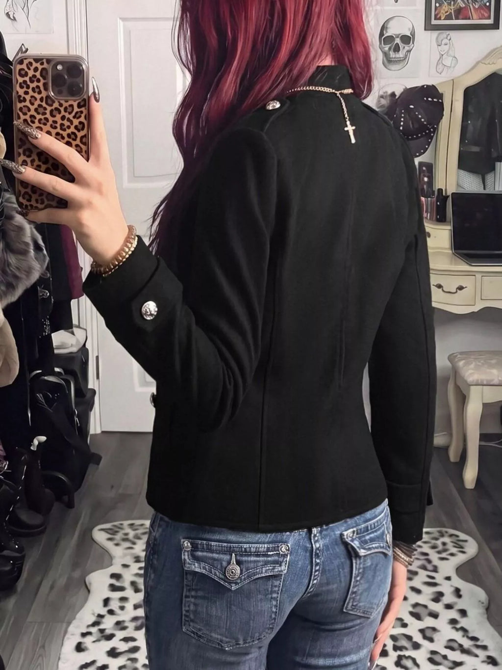 Women's Black Decorative Button Zip Up Outerwear - Black