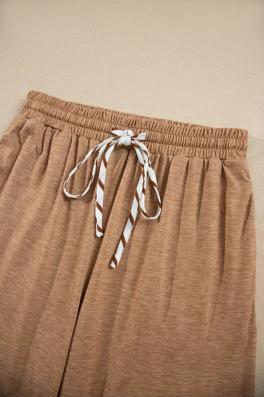 Women's Camel Stripe V Neck Ruffle Contrast Sleeve Top Drawstring Pants 2pcs Set - Camel