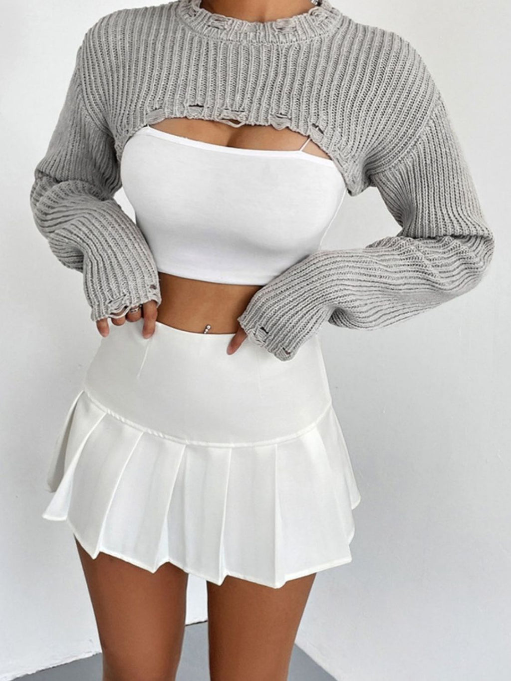 Women's Distressed Long Sleeve Cropped Sweater