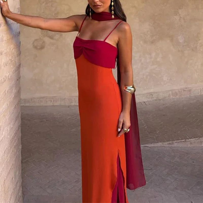 Women's Foreign Trade Women's Clothing Summer Dress Fashionable Color-Block Scarf Collar Slim Fit Bodycon Strap Dress