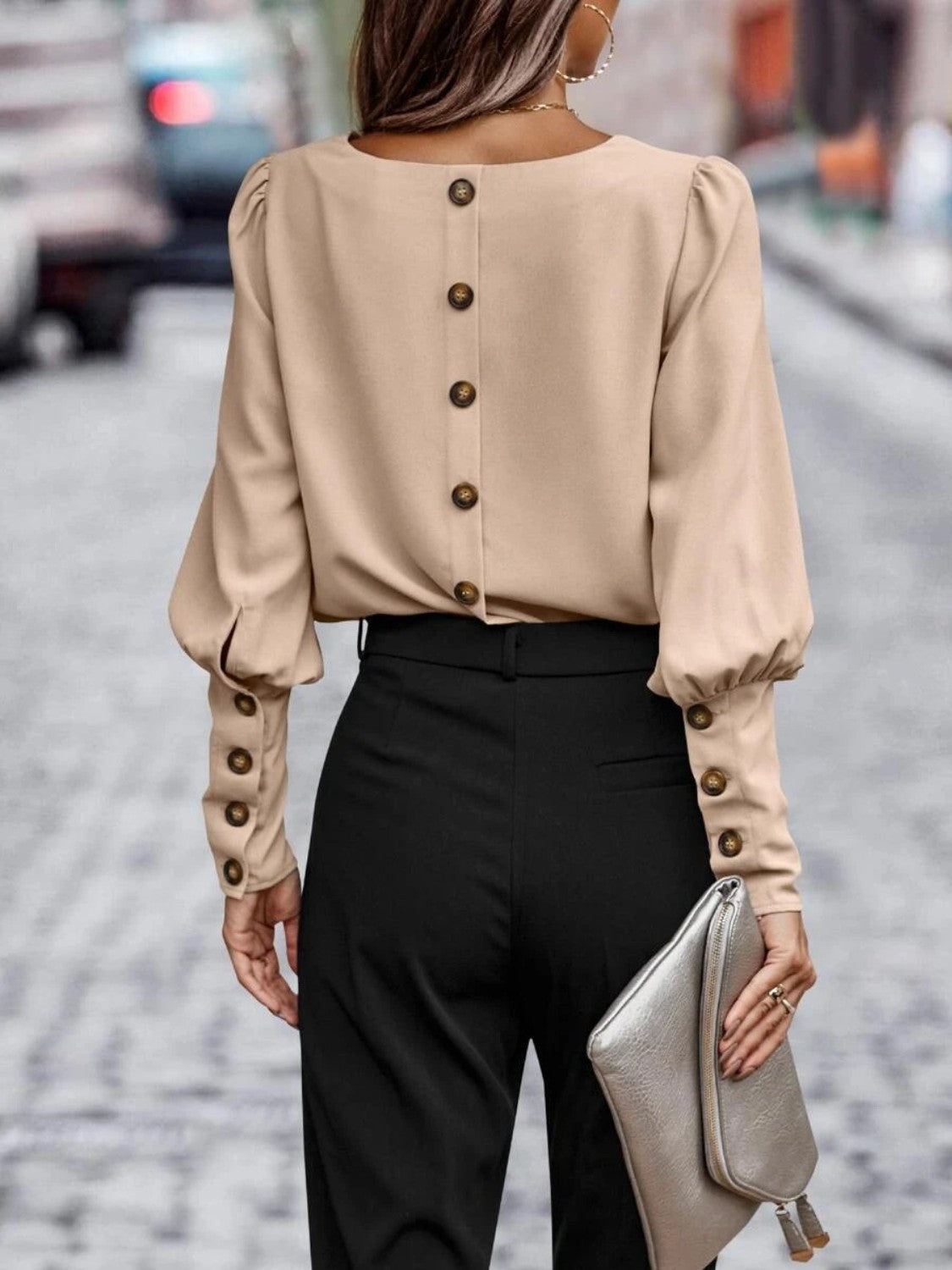 Women's Round Neck Lantern Sleeve Blouse